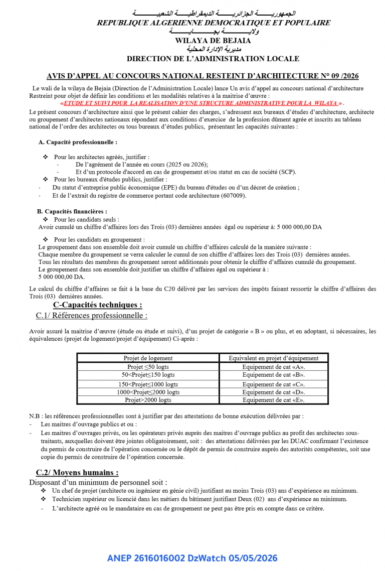 AVIS D’APPEL AU CONCOURS NATIONAL RESTEINT D’ARCHITECTURE