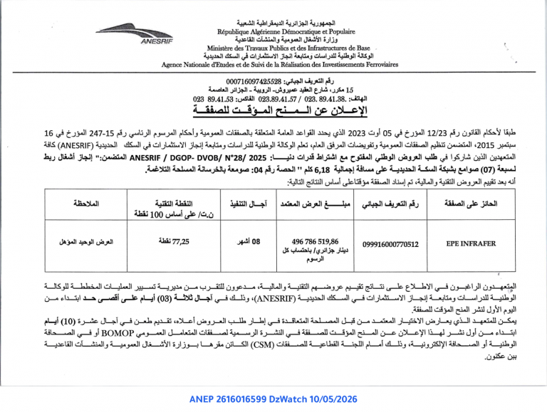 الإعلان عن المنح المؤقت للصفقة