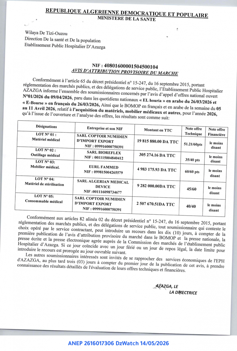 AVIS D’ATTRIBUTION PROVISOIRE DU MARCHE