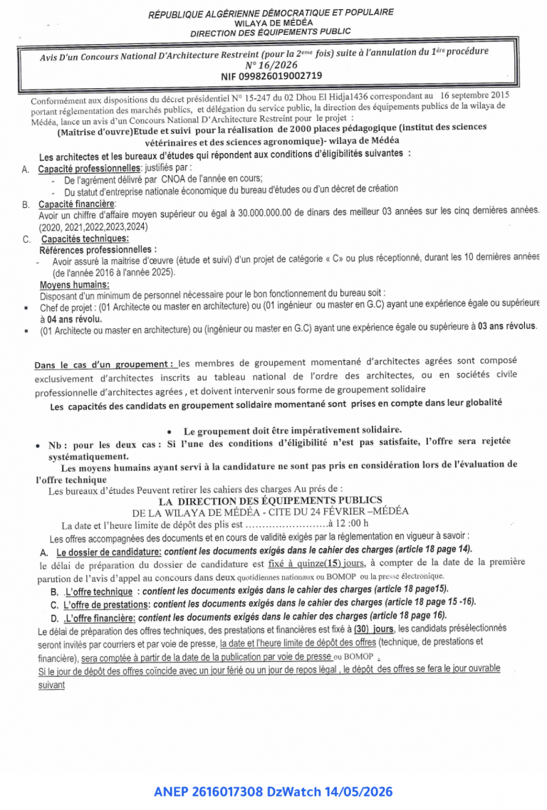 Avis D’un Concours National D’Architecture Restreint