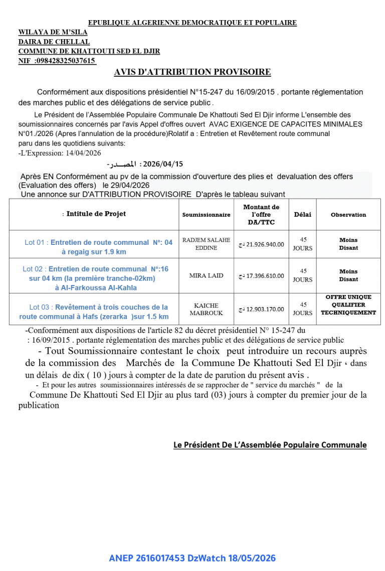 AVIS D’ATTRIBUTION PROVISOIRE