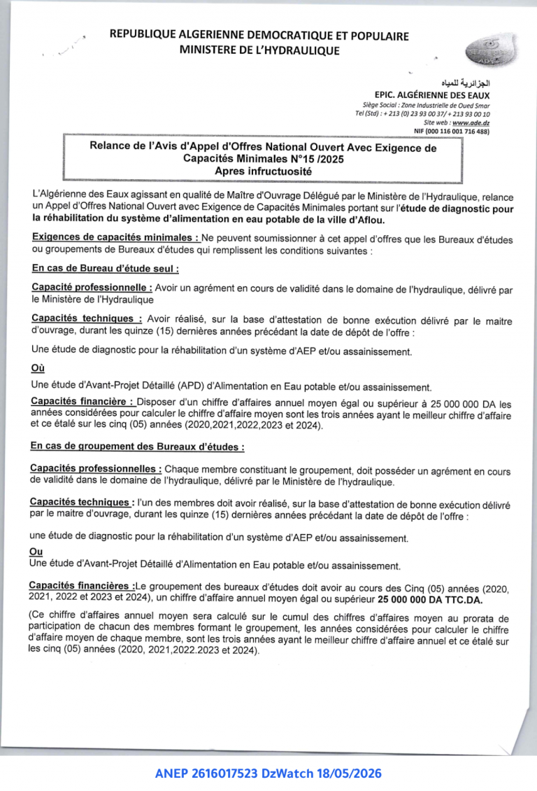 Relance de l’Avis d’Appel d’Offres National Ouvert