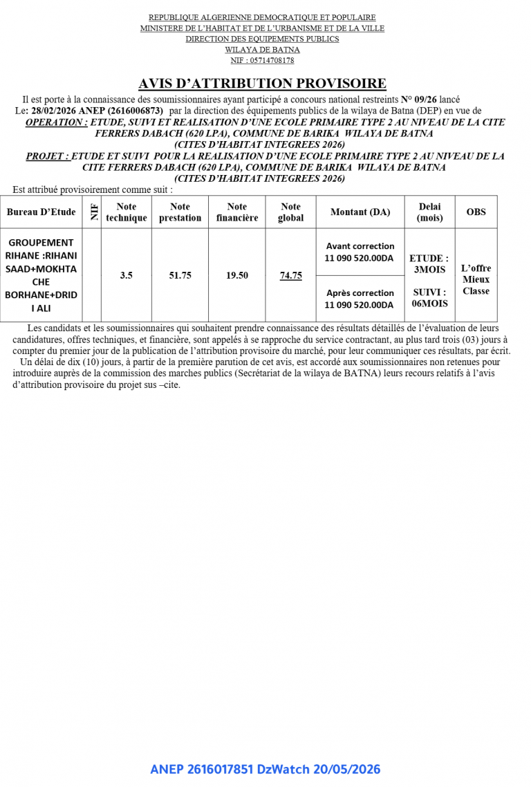 AVIS D’ATTRIBUTION PROVISOIRE