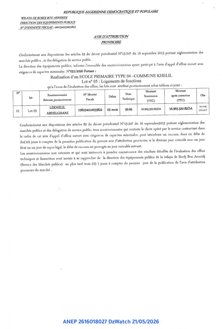 AVIS D’ATTRIBUTION PROVISOIRE