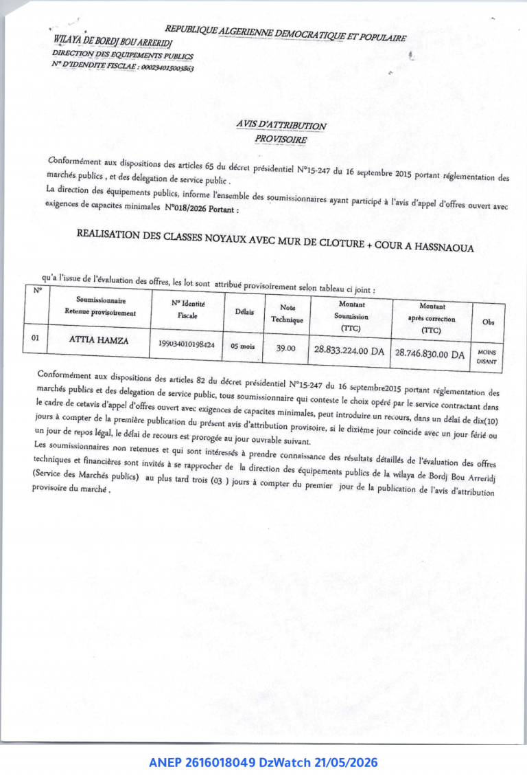 AVIS D’ATTRIBUTION PROVISOIRE