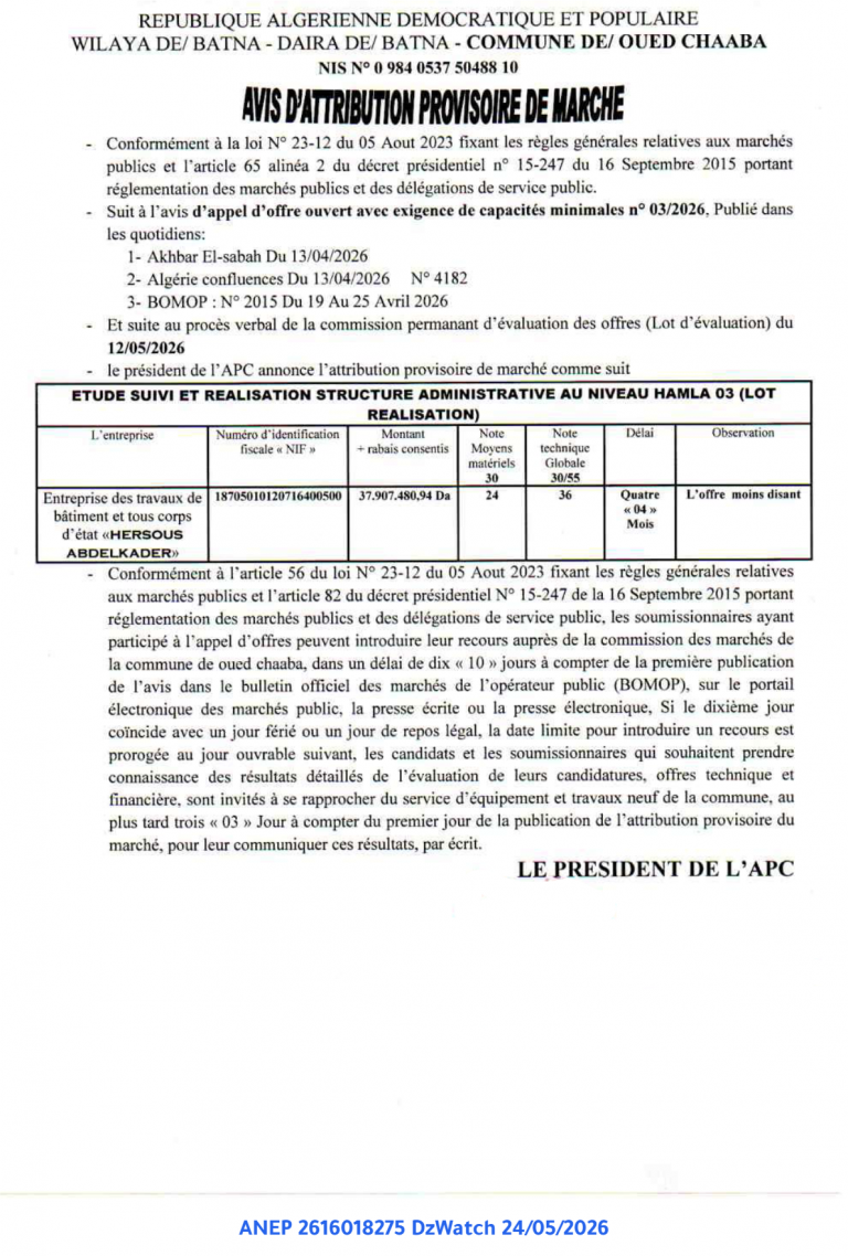 AVIS D’ATTRIBUTION PROVISOIRE DE MARCHE