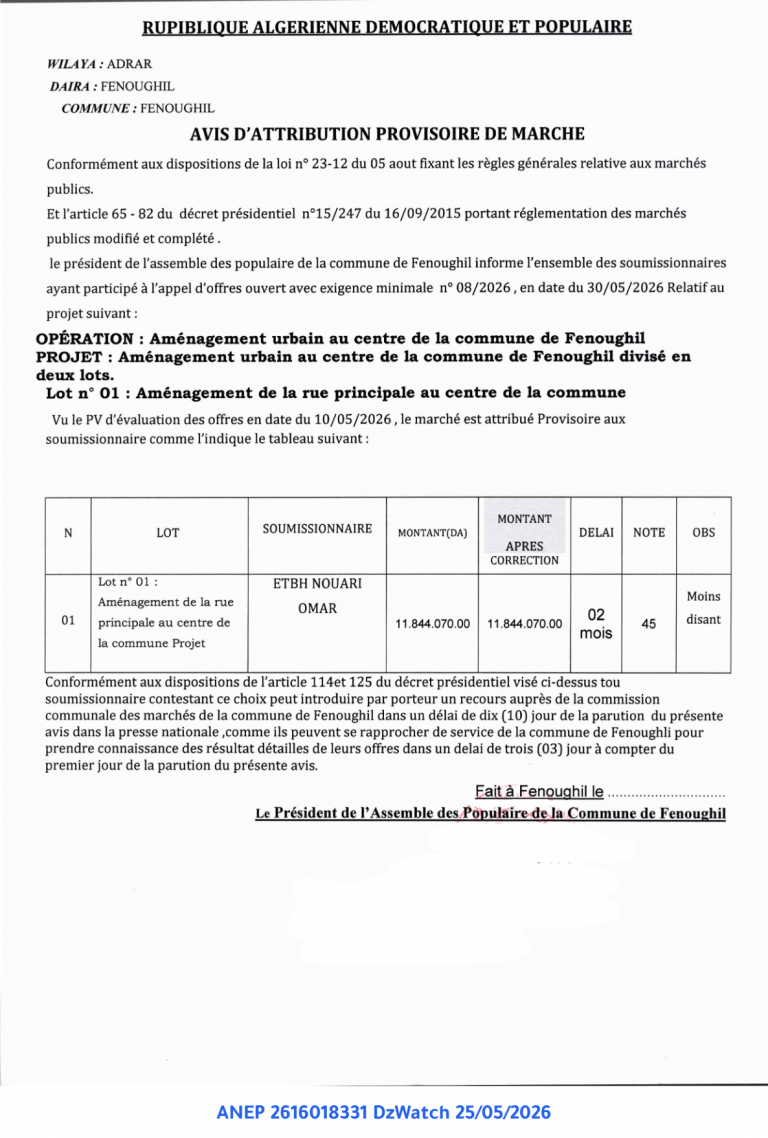 AVIS D’ATTRIBUTION PROVISOIRE DE MARCHE