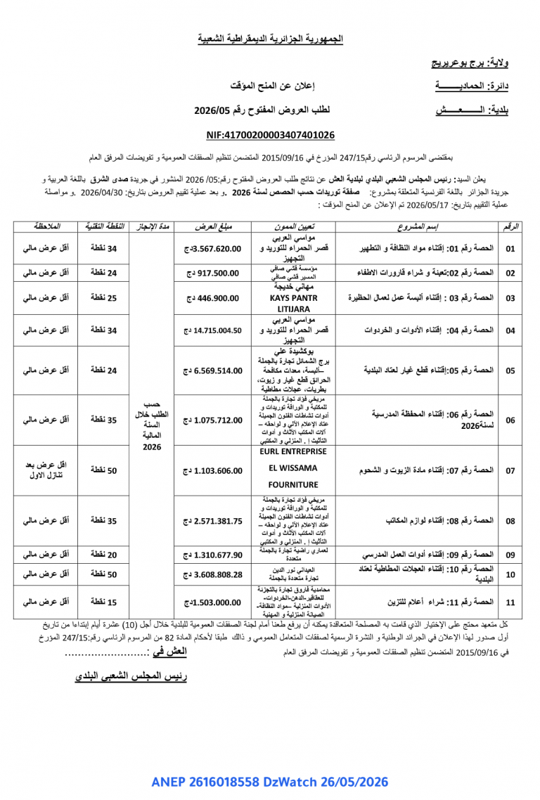 إعلان عن المنح المؤقت
