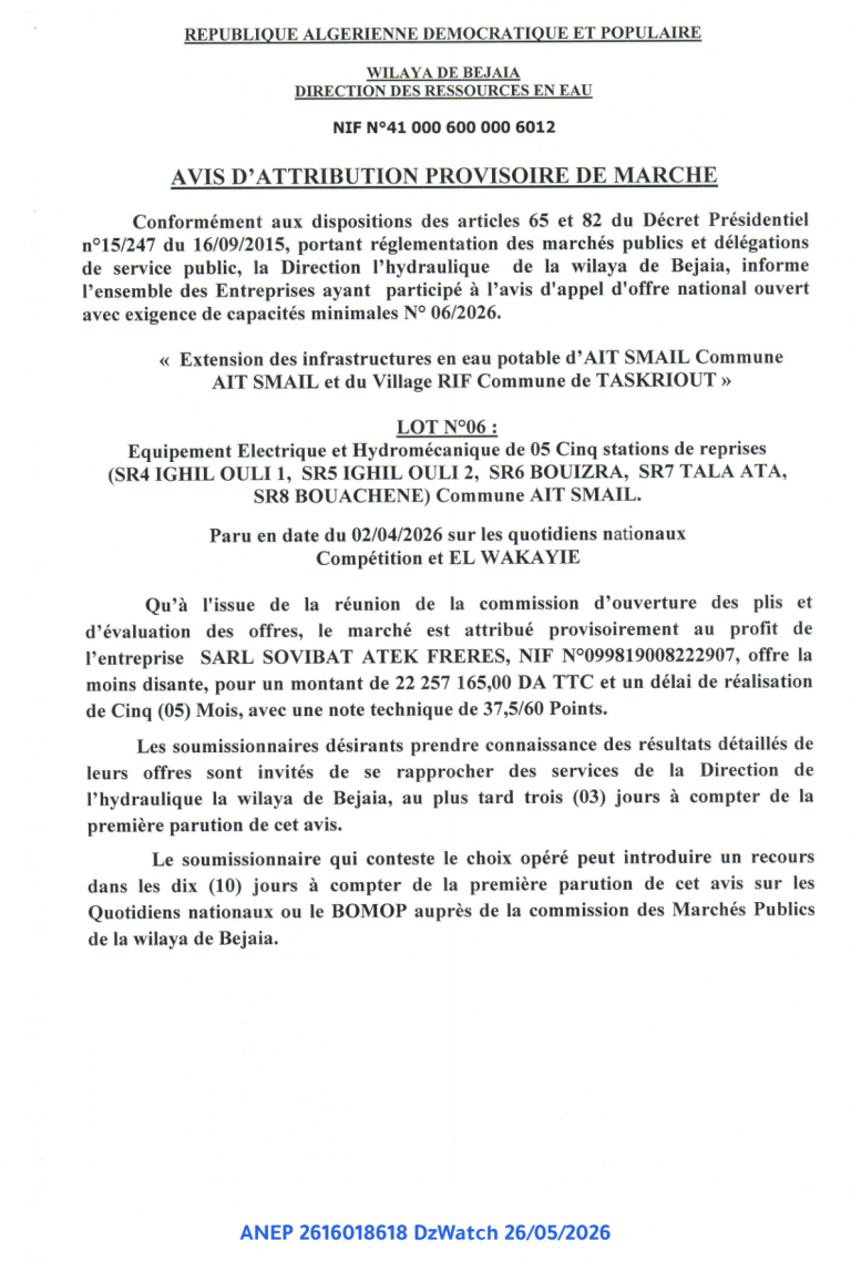 AVIS D’ATTRIBUTION PROVISOIRE DE MARCHE