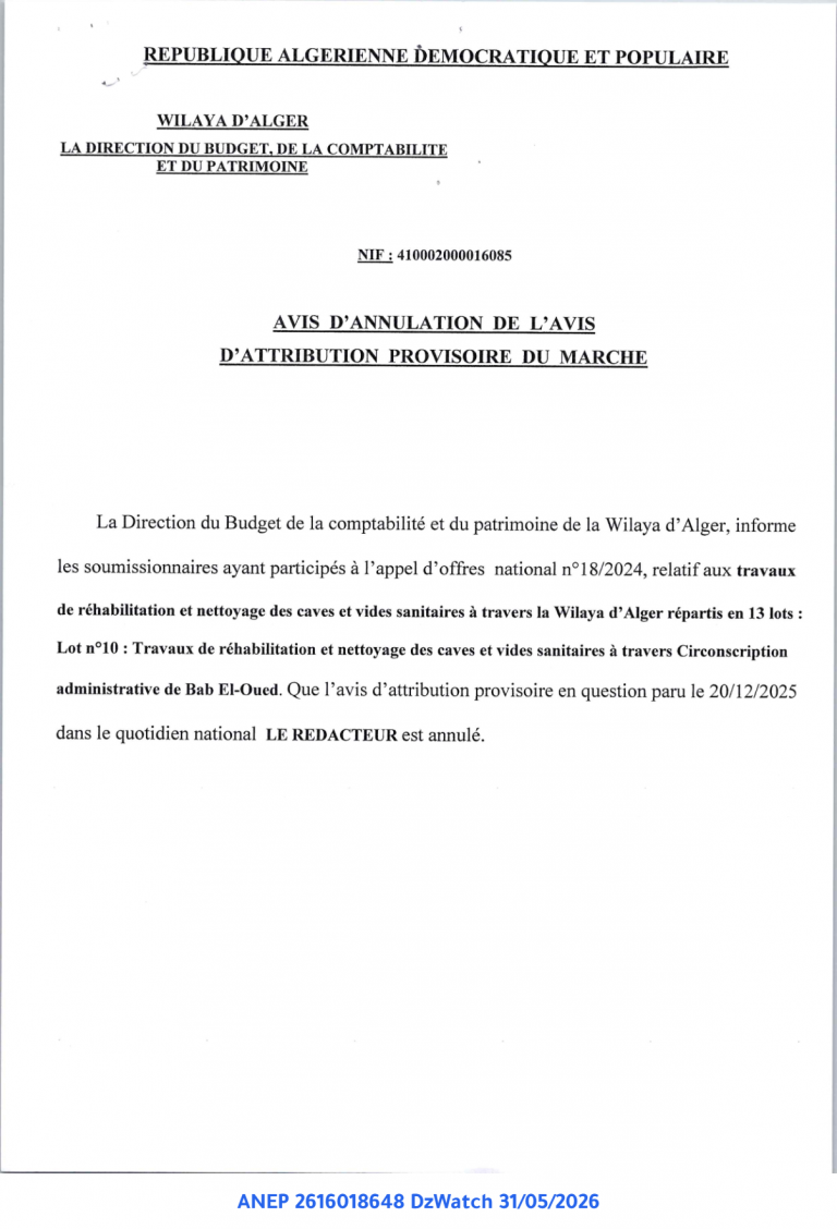 AVIS D’ANNULATION DE L’AVIS D’ATTRIBUTION PROVISOIRE DU MARCHE