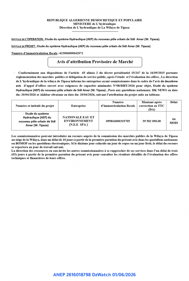 Avis d’attribution Provisoire de Marché