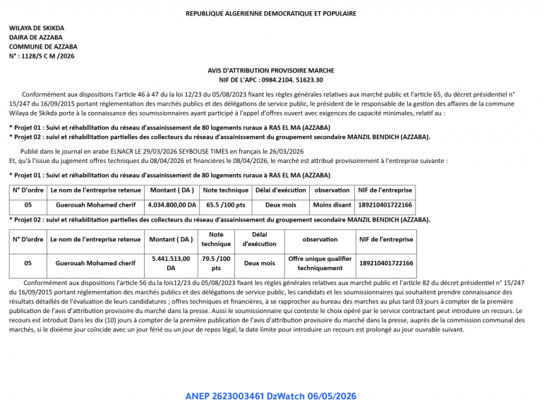 AVIS D’ATTRIBUTION PROVISOIRE MARCHE