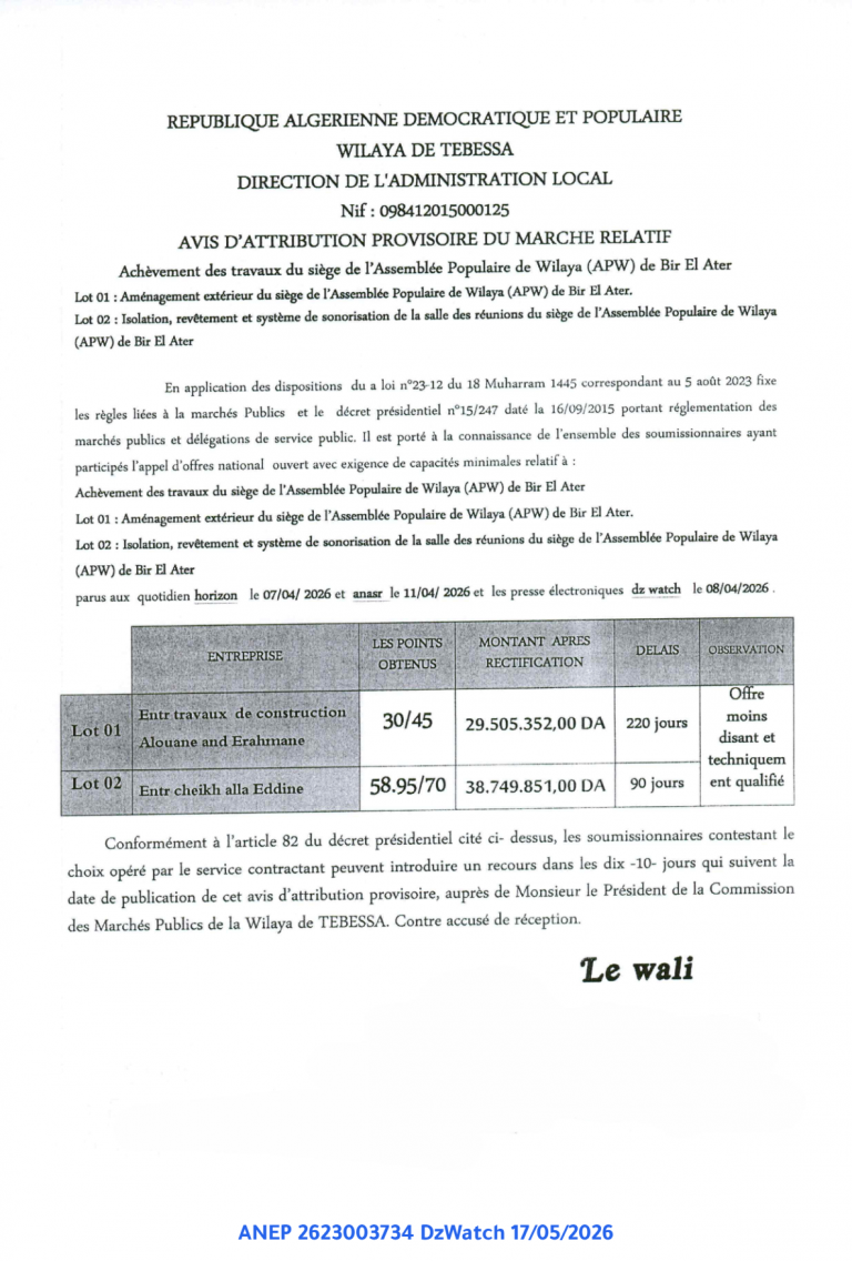 AVIS D’ATTRIBUTION PROVISOIRE DU MARCHE RELATIF