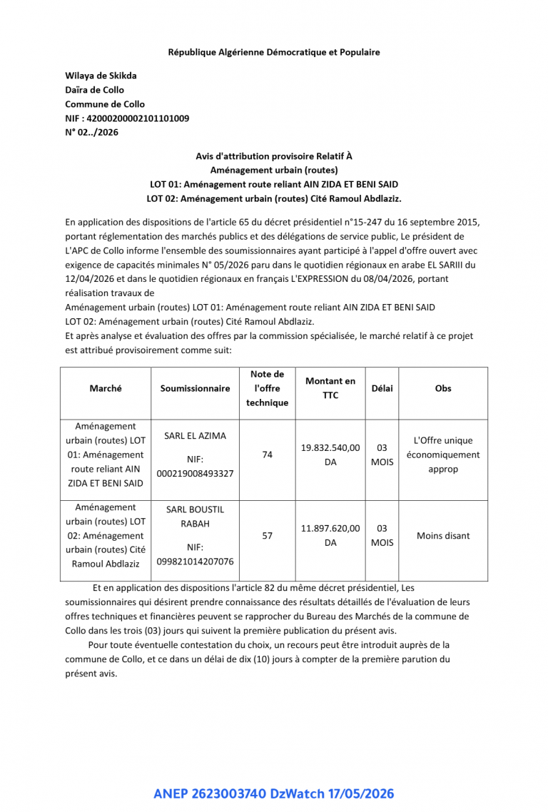 Avis d’attribution provisoire