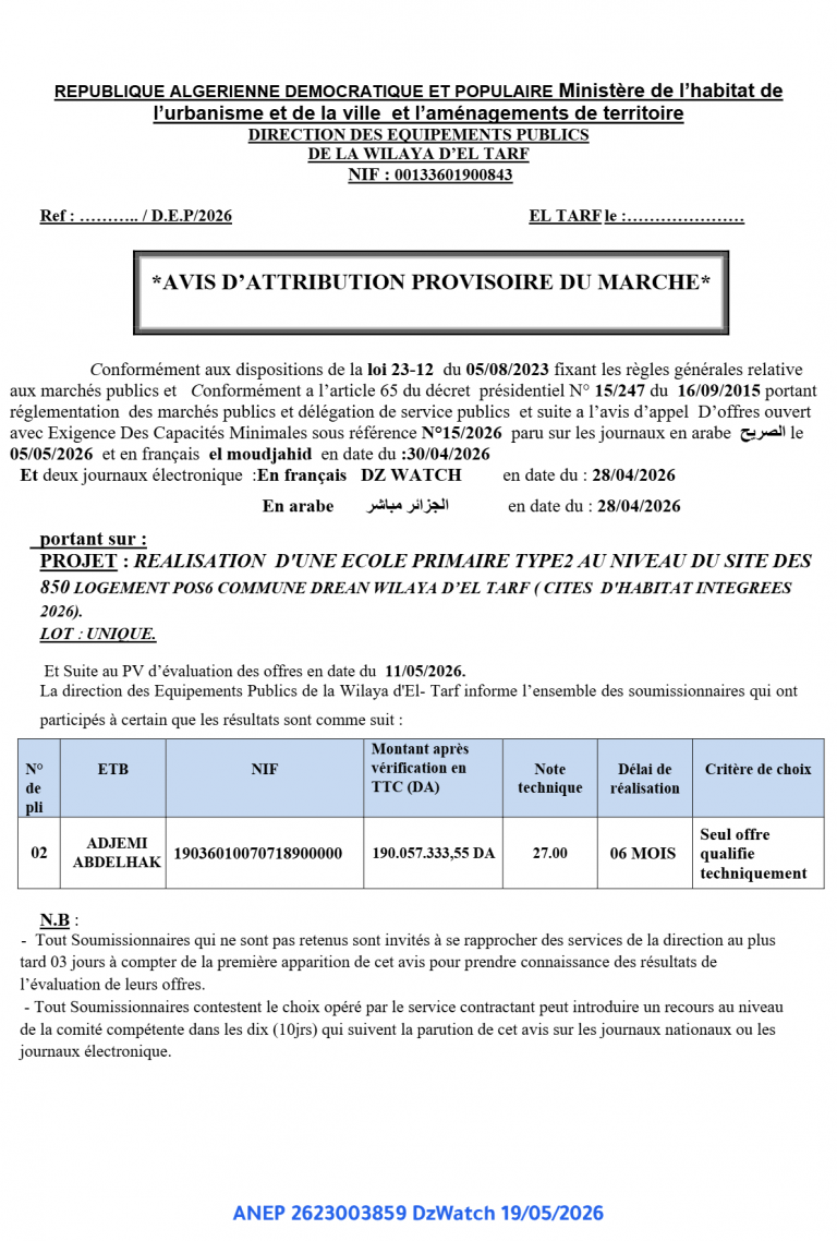 AVIS D’ATTRIBUTION PROVISOIRE DU MARCHE