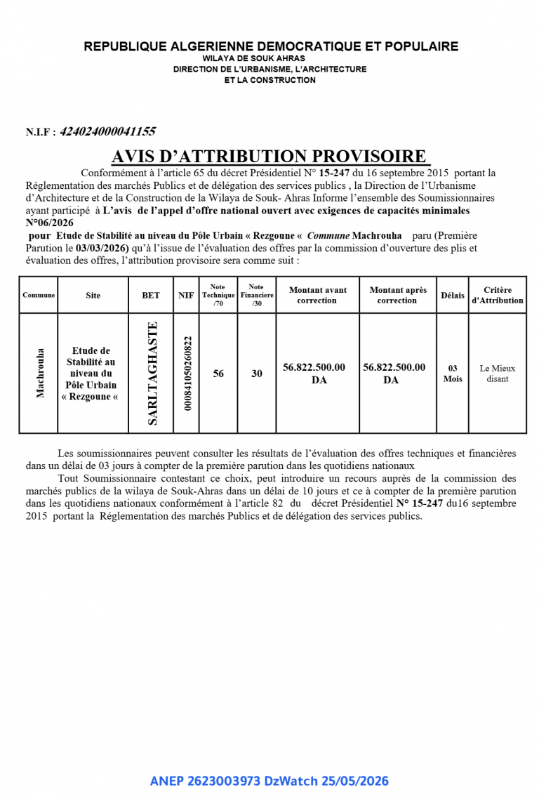 AVIS D’ATTRIBUTION PROVISOIRE