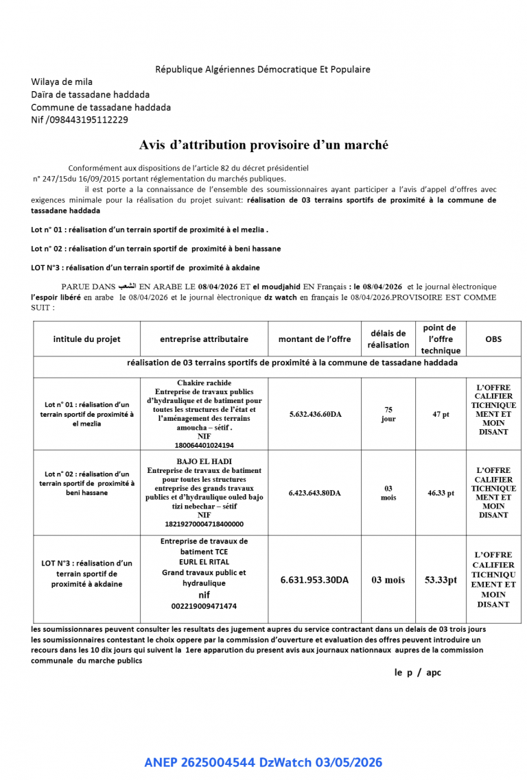 Avis d’attribution provisoire d’un marché
