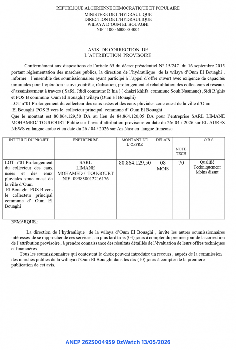 AVIS DE CORRECTION DE L´ATTRIBUTION PROVISOIRE