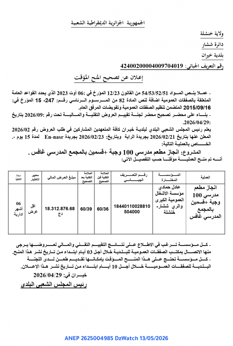 إعلان عن تصحيح المنح المؤقت