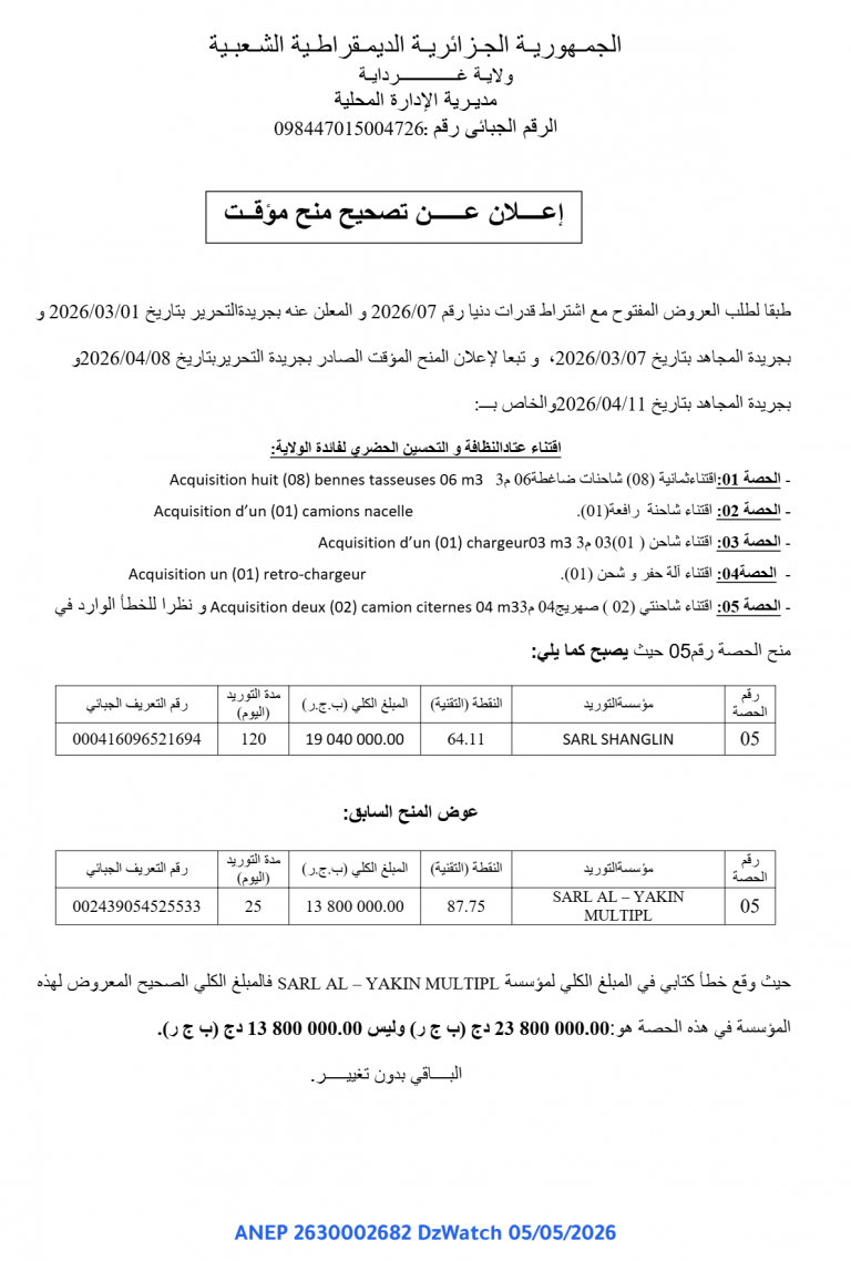 إعلان عن تصحيح منح مؤقت