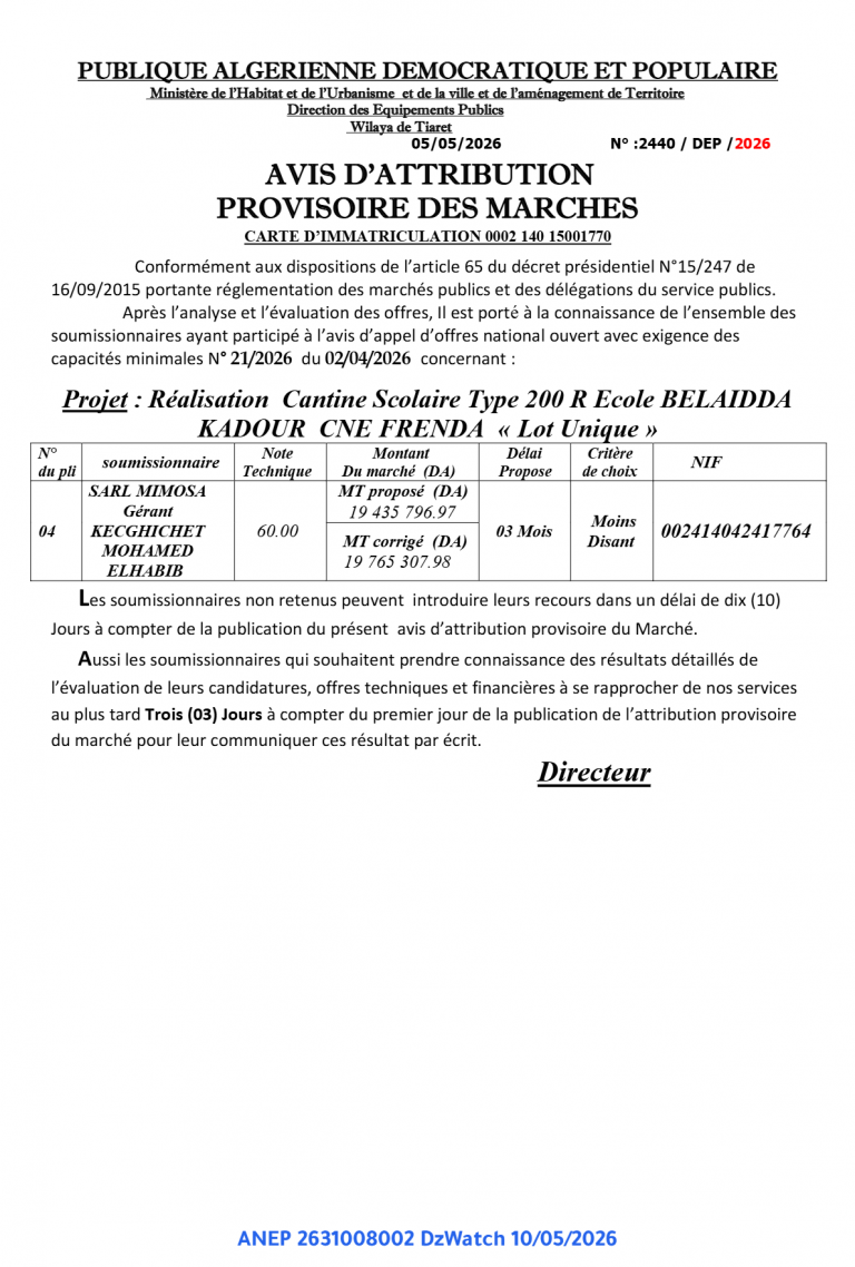 AVIS D’ATTRIBUTION PROVISOIRE DES MARCHES