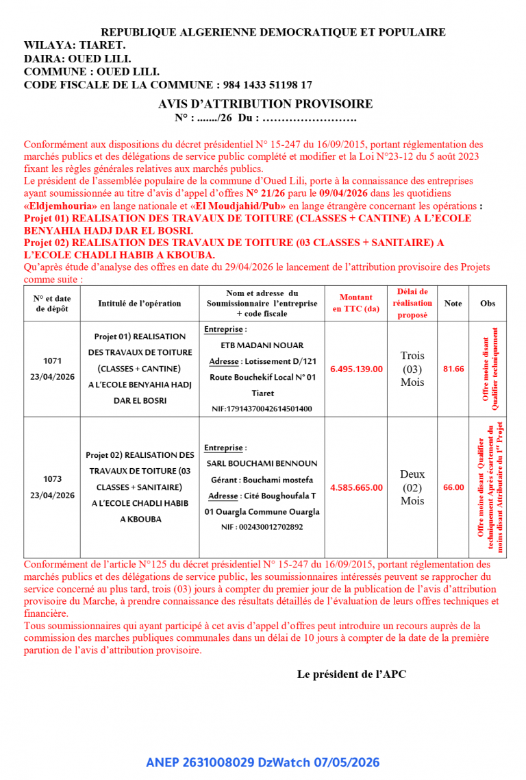 AVIS D’ATTRIBUTION PROVISOIRE