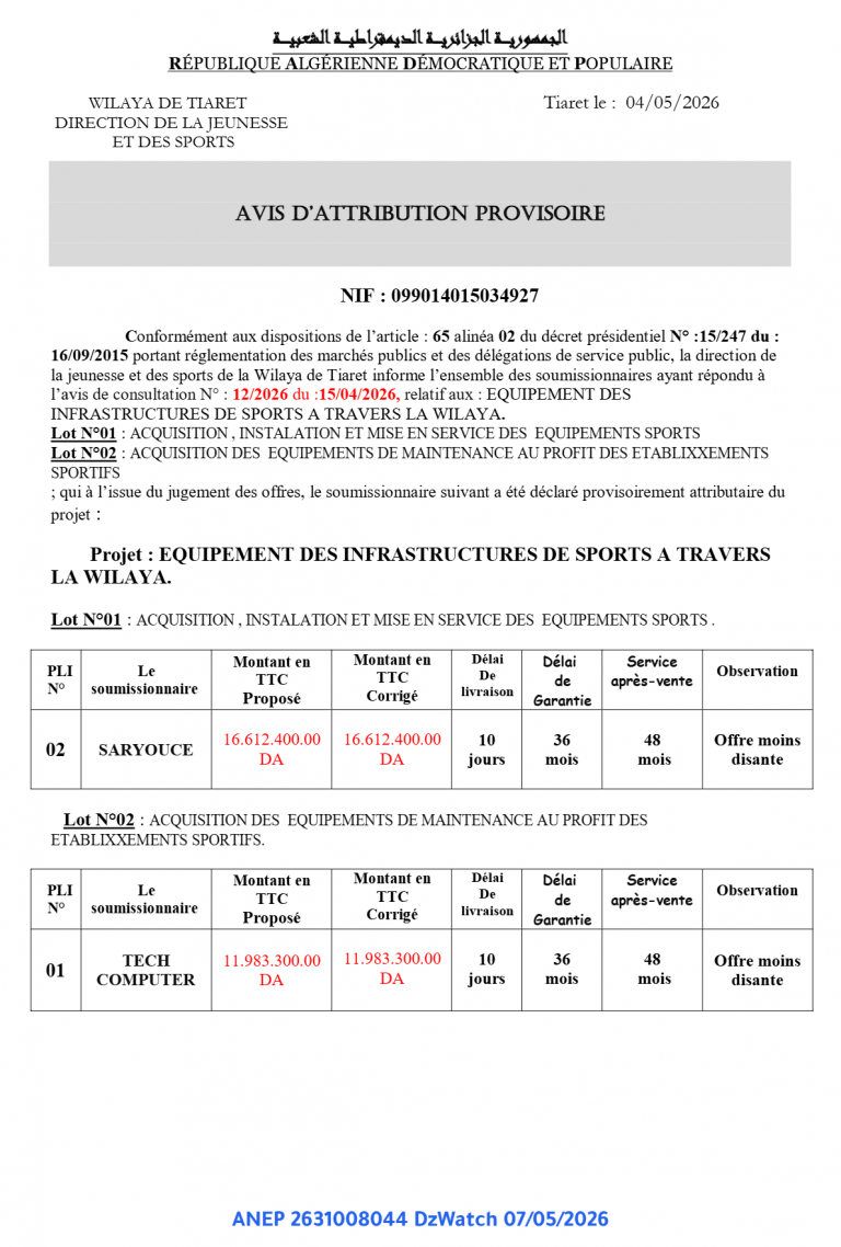 AVIS D’ATTRIBUTION PROVISOIRE