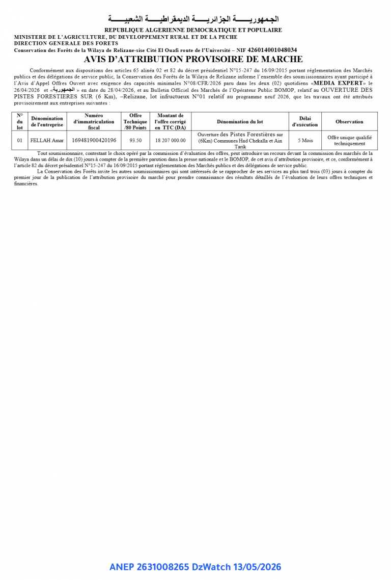 AVIS D’ATTRIBUTION PROVISOIRE DE MARCHE