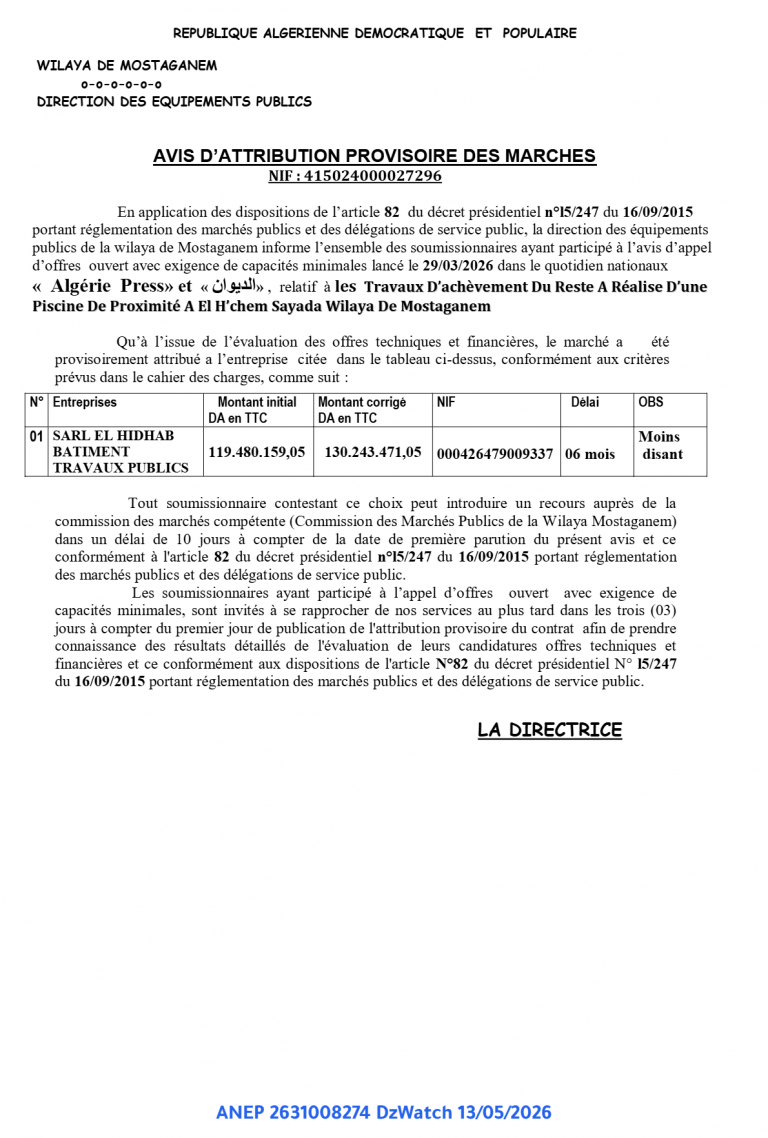 AVIS D’ATTRIBUTION PROVISOIRE DES MARCHES