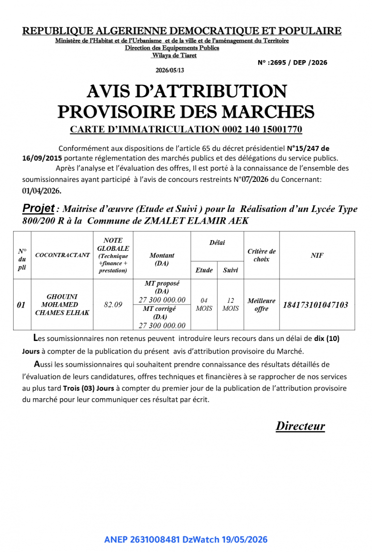 AVIS D’ATTRIBUTION PROVISOIRE DES MARCHES