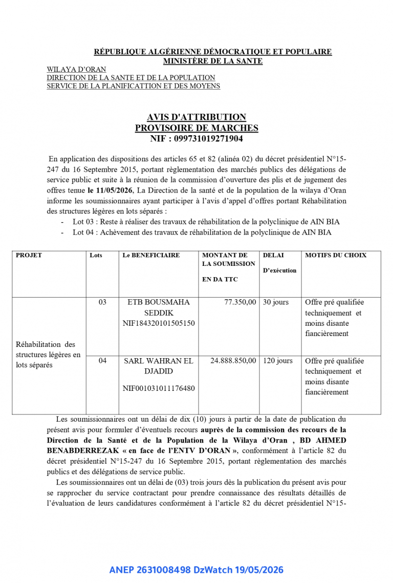 AVIS D’ATTRIBUTION PROVISOIRE DE MARCHES