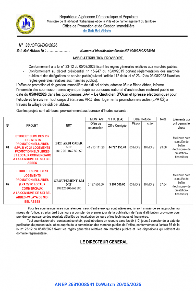 AVIS D’ATTRIBUTION PROVISOIRE