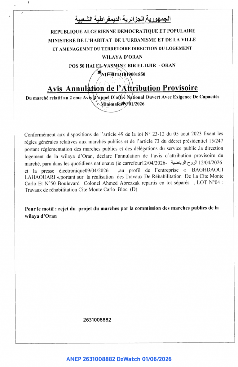 Avis Annulation de l’Attribution Provisoire