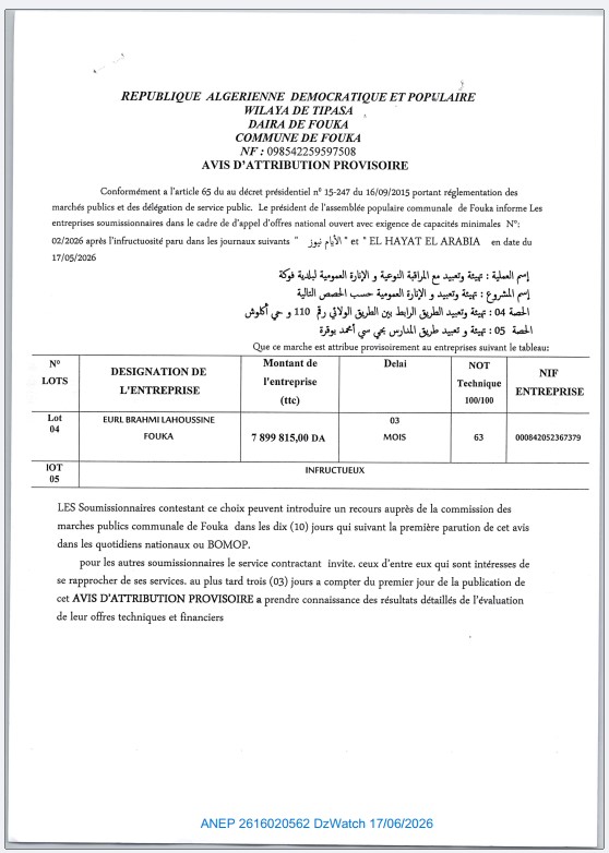 AVIS D’ATTRIBUTION PROVISOIRE
