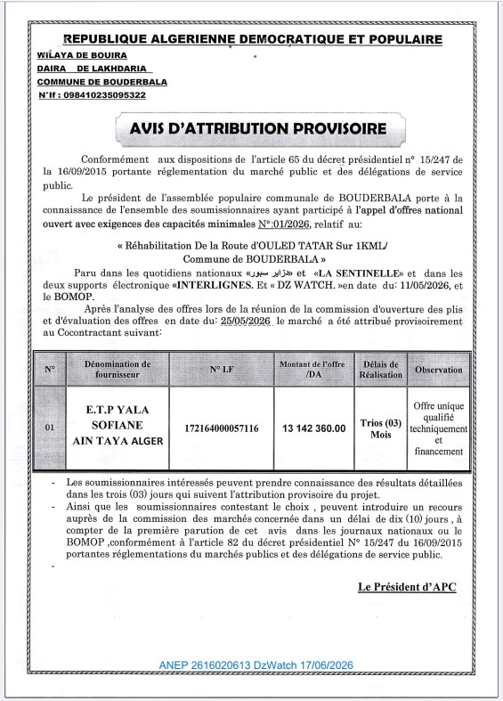 AVIS D’ATTRIBUTION PROVISOIRE