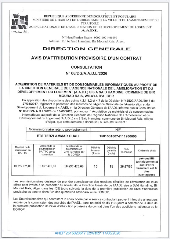 AVIS D’ATTRIBUTION PROVISOIRE D’UN CONTRAT