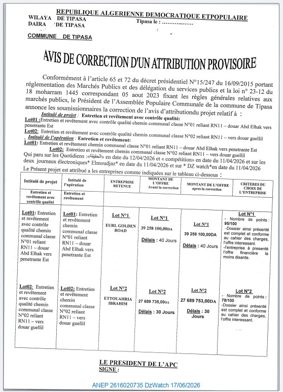 AVIS DE CORRECTION D’UN ATTRIBUTION PROVISOIRE