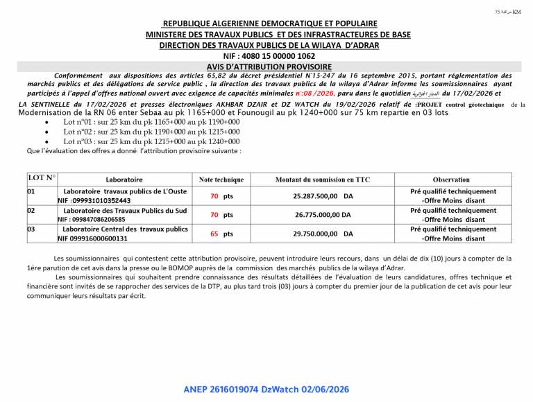AVIS D’ATTRIBUTION PROVISOIRE