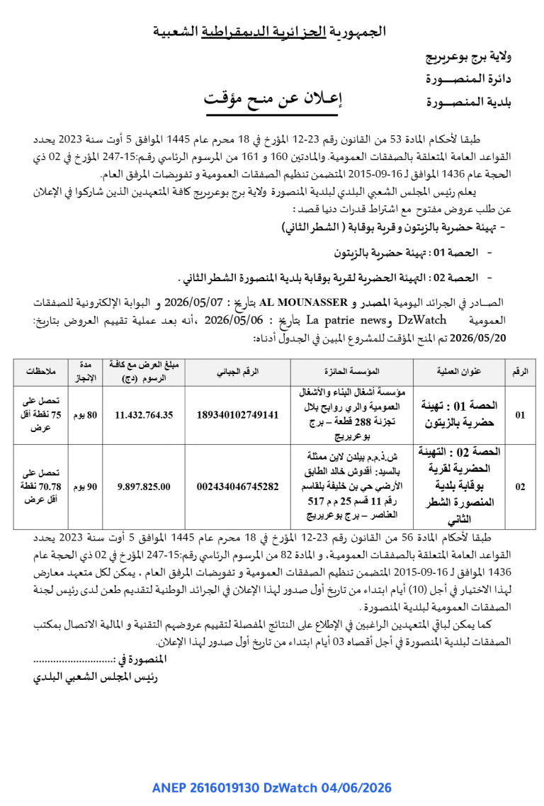 إعلان عن منح مؤقت