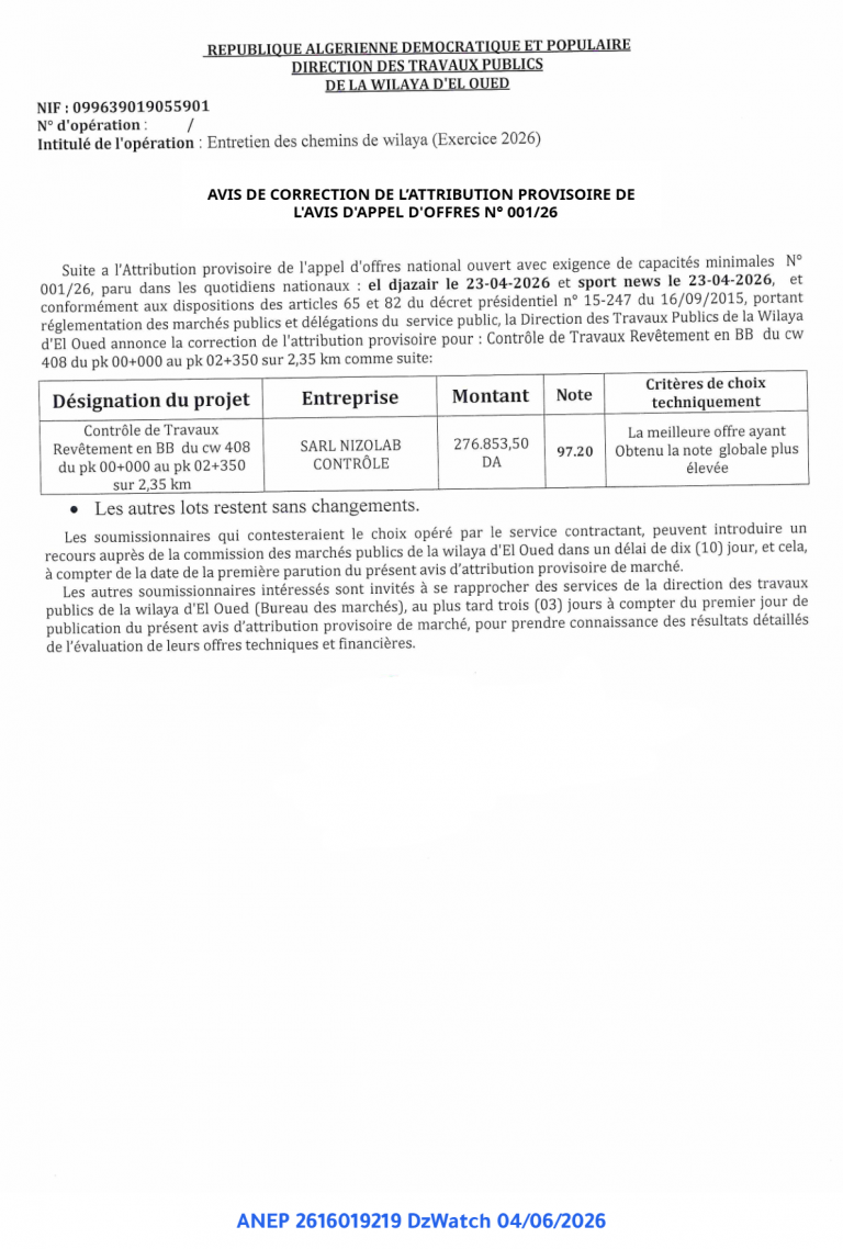 AVIS DE CORRECTION DE L’ATTRIBUTION PROVISOIRE