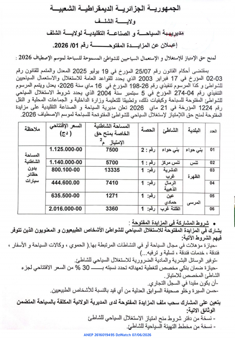 إعلان عن المزايدة المفتوحة