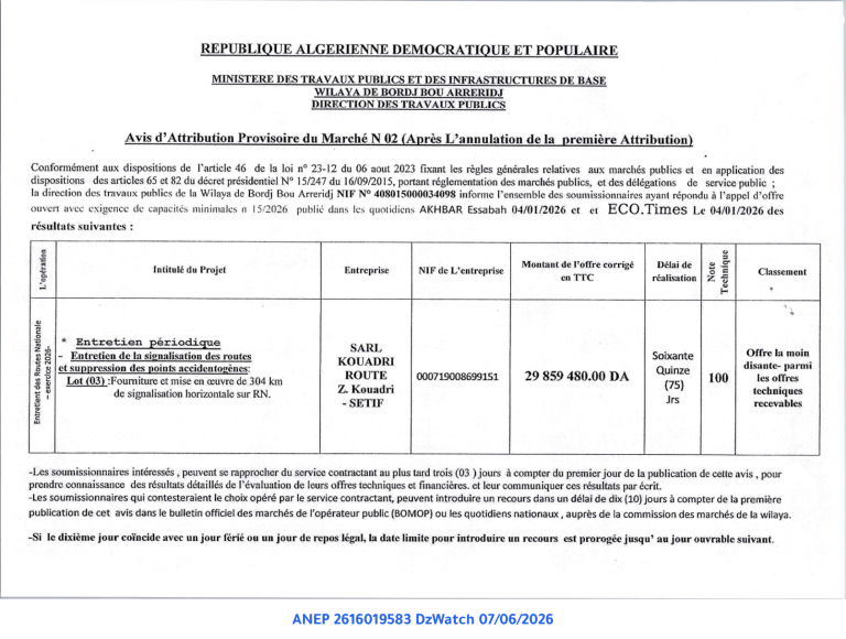 Avis d’Attribution Provisoire