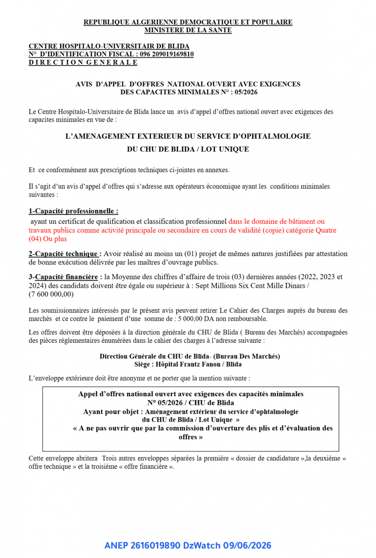 AVIS D’APPEL D’OFFRES NATIONAL OUVERT AVEC EXIGENCES DES CAPACITES MINIMALES