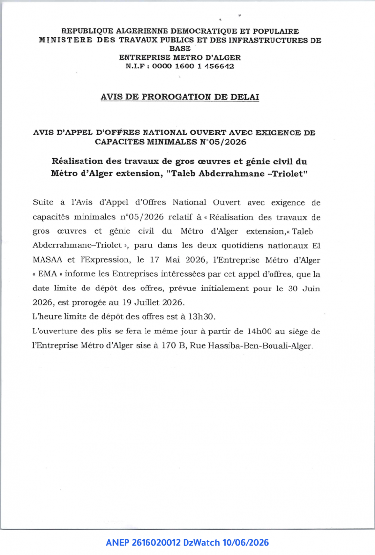 AVIS DE PROROGATION DE DELAI