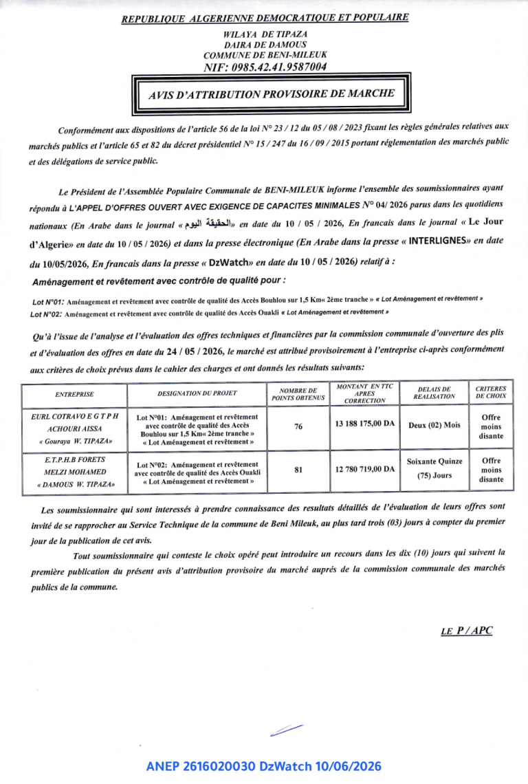 AVIS D’ATTRIBUTION PROVISOIRE DE MARCHE