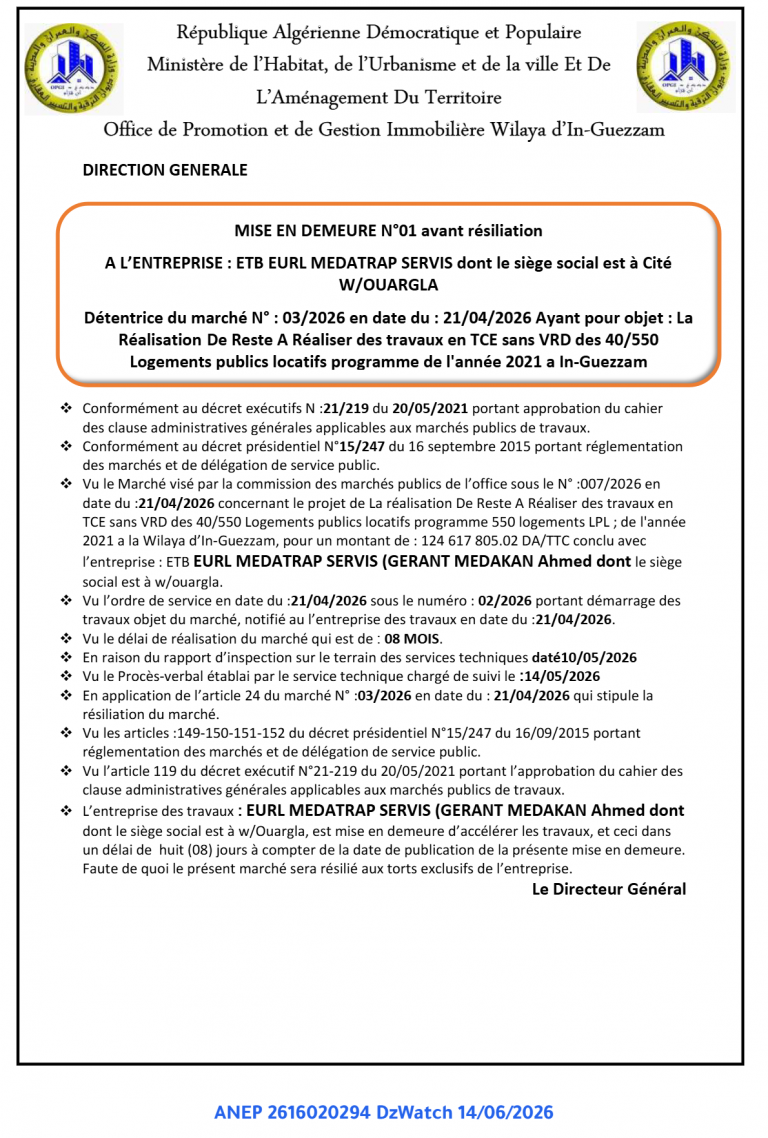 MISE EN DEMEURE N°01 avant résiliation
