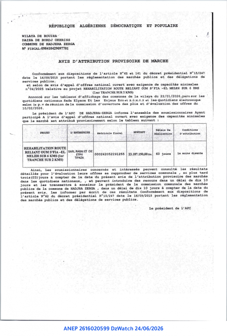 AVIS D’ATTRIBUTION PROVISOIRE DE MARCHE