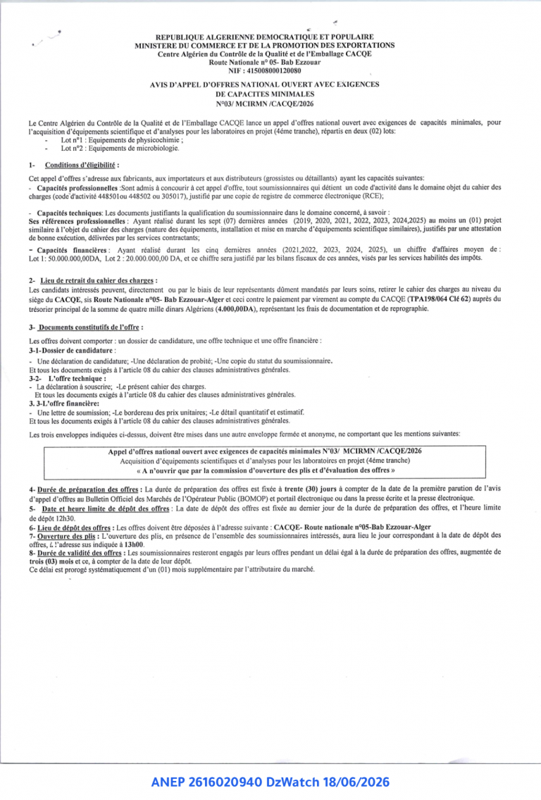 AVIS D’APPEL D’OFFRES NATIONAL OUVERT AVEC EXIGENCES DE CAPACITES MINIMALES