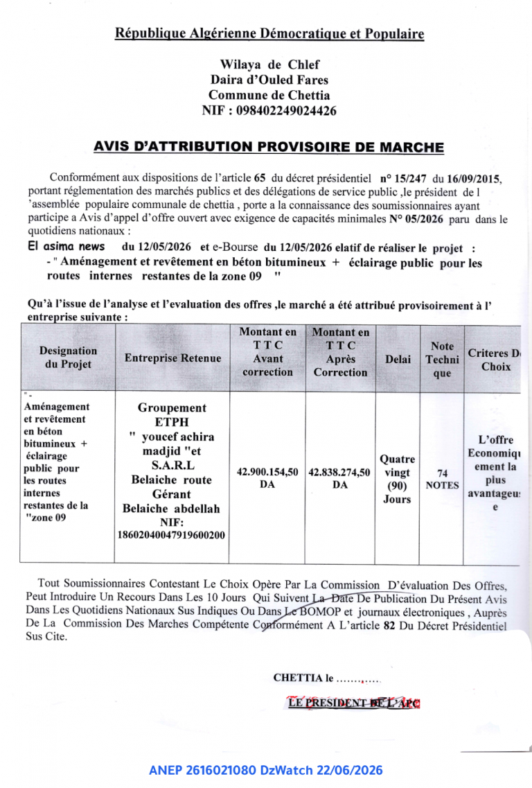 AVIS D’ATTRIBUTION PROVISOIRE DE MARCHE