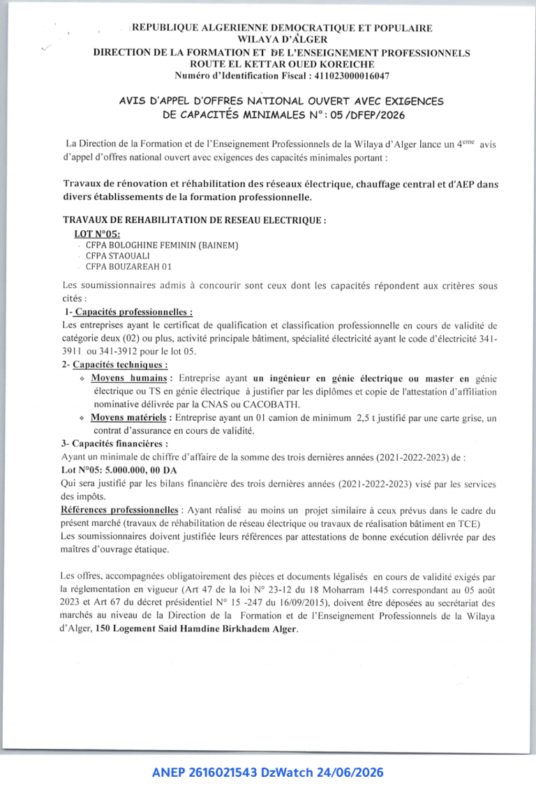 AVIS D’APPEL D’OFFRES NATIONAL OUVERT AVEC EXIGENCES DE CAPACITÉS MINIMALES